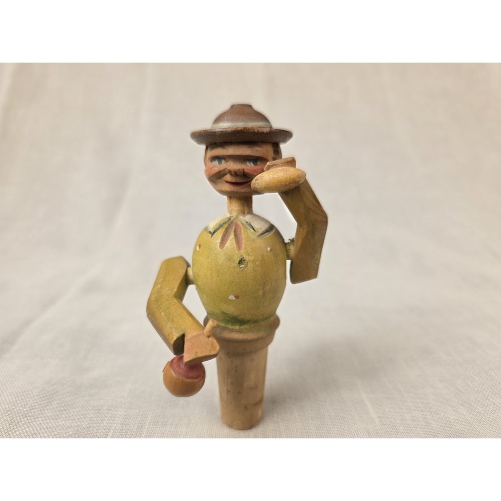 Vintage Antique‎ Anri Hand Carved Painted Wood Wine Cork Bottle Stopper